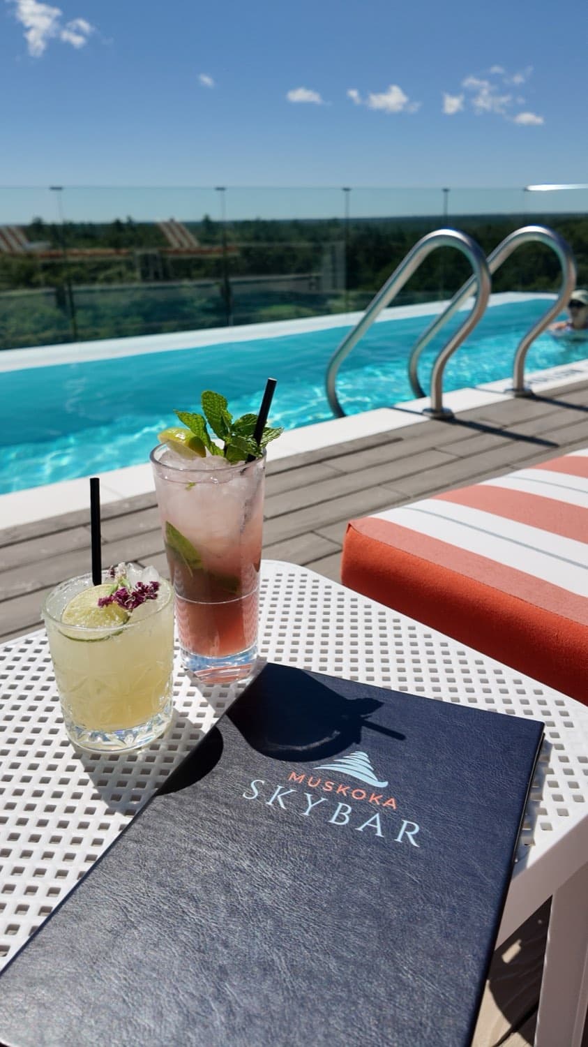 Cocktails and the menu at Muskoka Skybar, beside the rooftop infinity pool