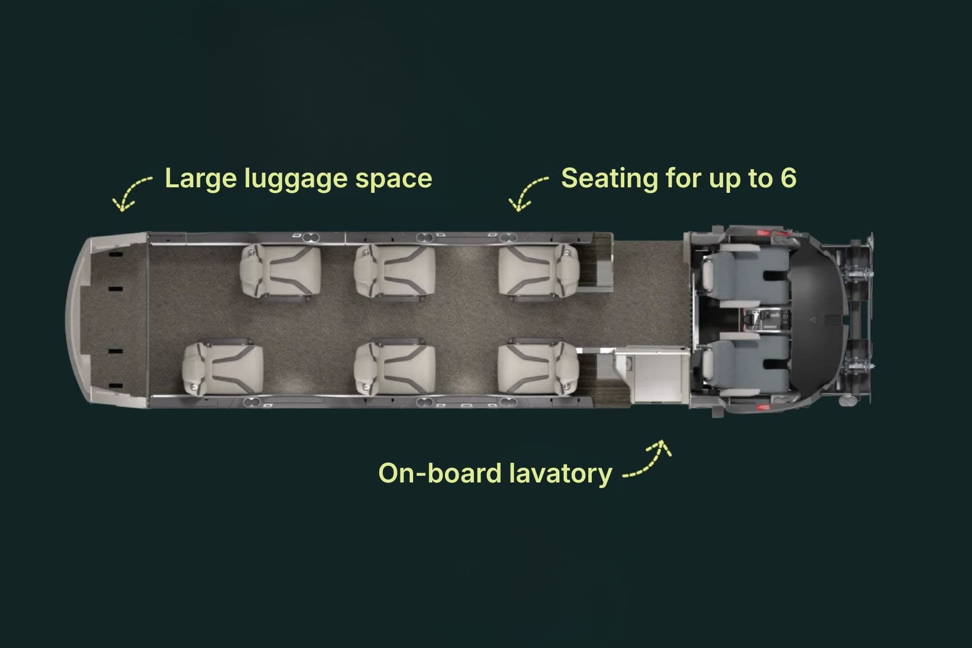Top-down floor plan of the Pilatus PC-12 — club seating for up to six and an onboard lavatory