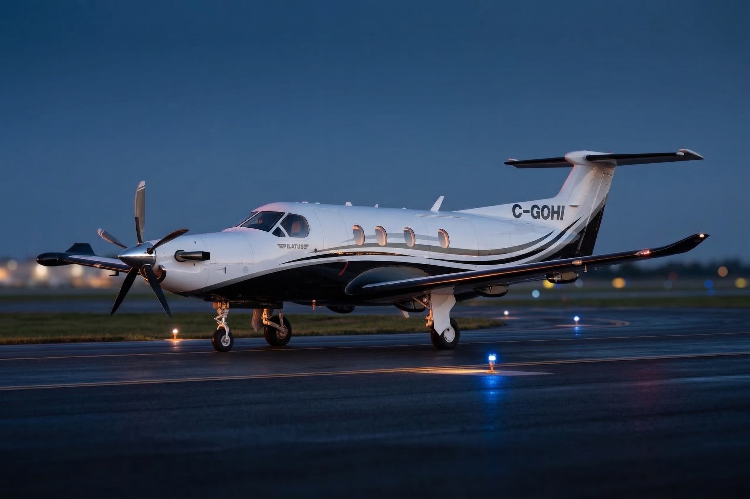 The PC-12 on the ramp at dusk, ready for the evening flight home