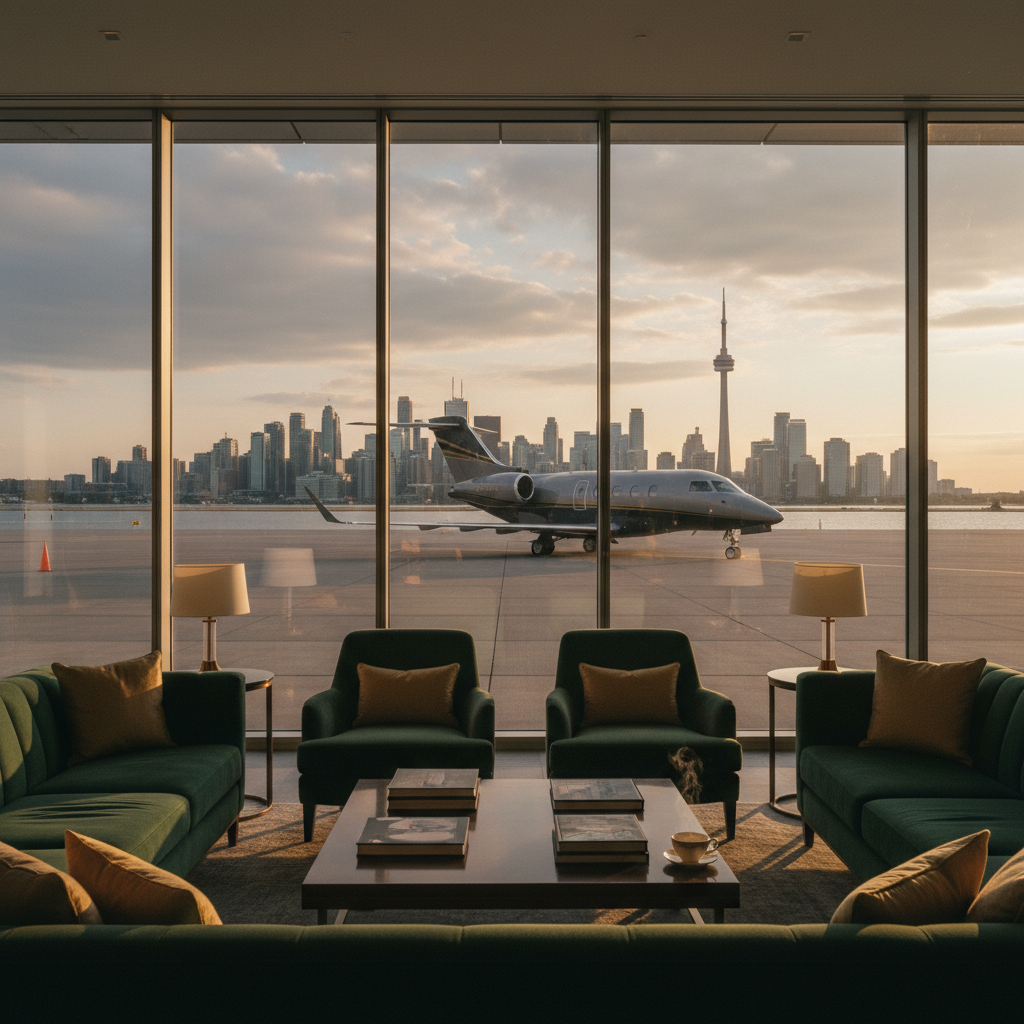 A private terminal lounge at Billy Bishop with the Toronto skyline across the water