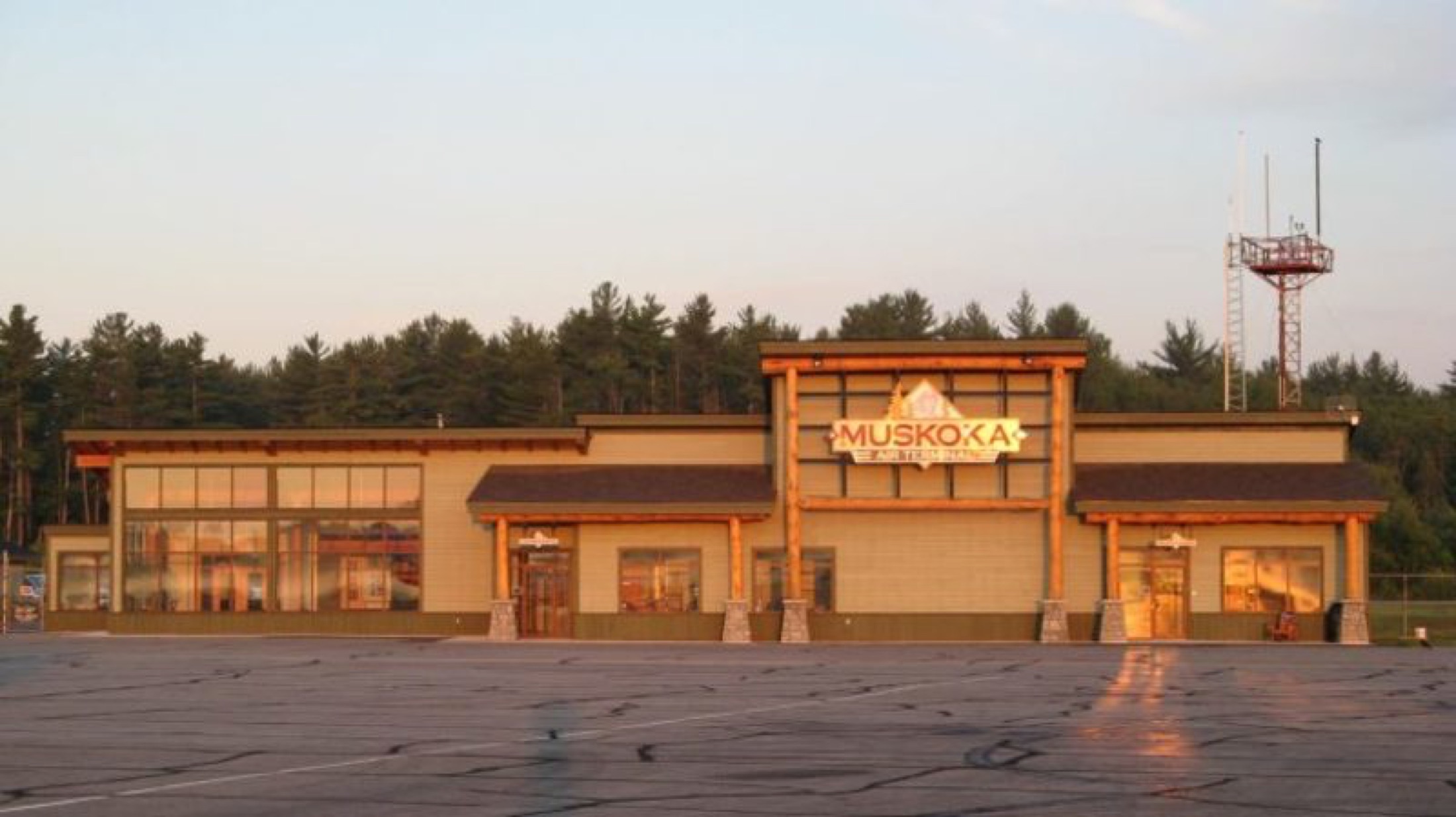 The terminal building at Muskoka Airport at dusk