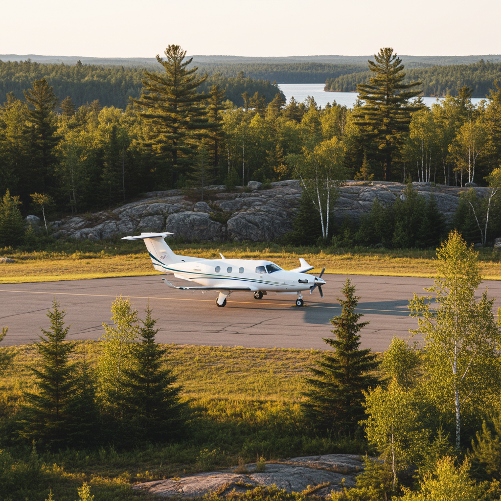 A Pilatus PC-12 on the quiet ramp at Muskoka Airport, pine forest and a lake beyond