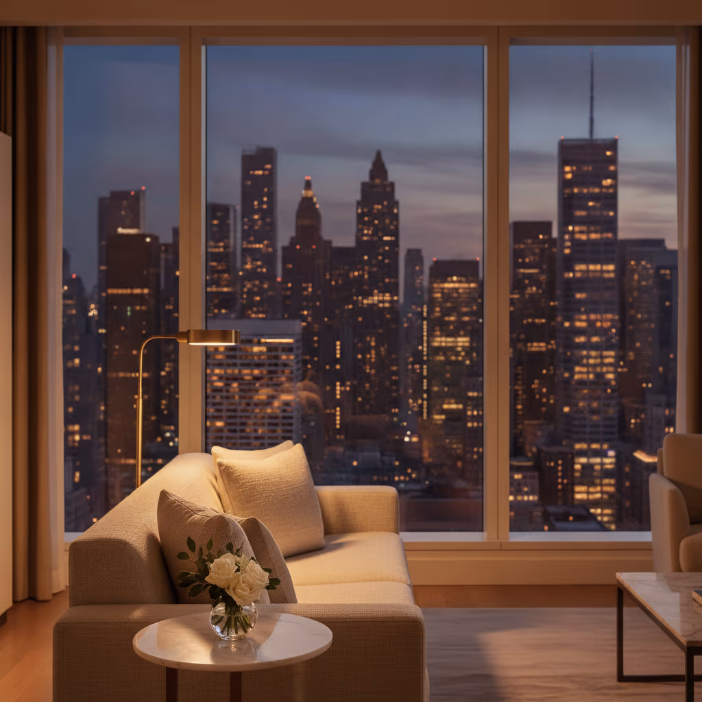 A Midtown hotel room with a Manhattan view