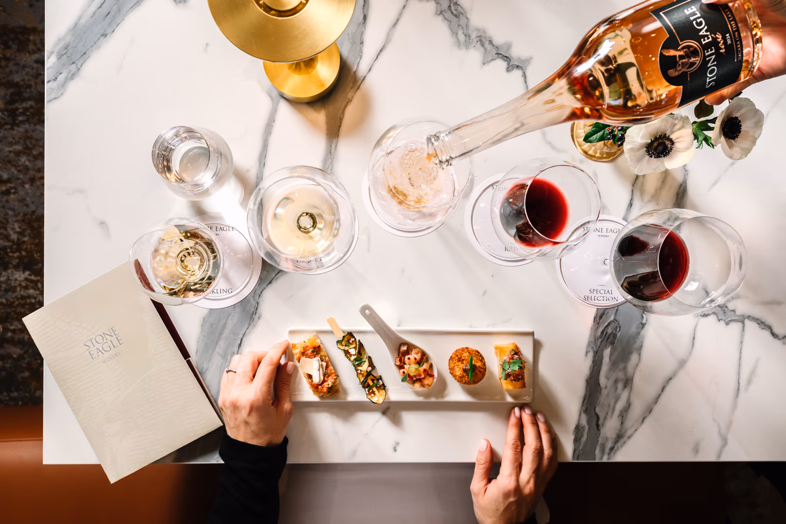 Five wine pairings of the Signature Experience at Stone Eagle Winery