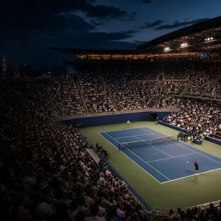A floodlit tennis stadium at night with the Manhattan skyline behind